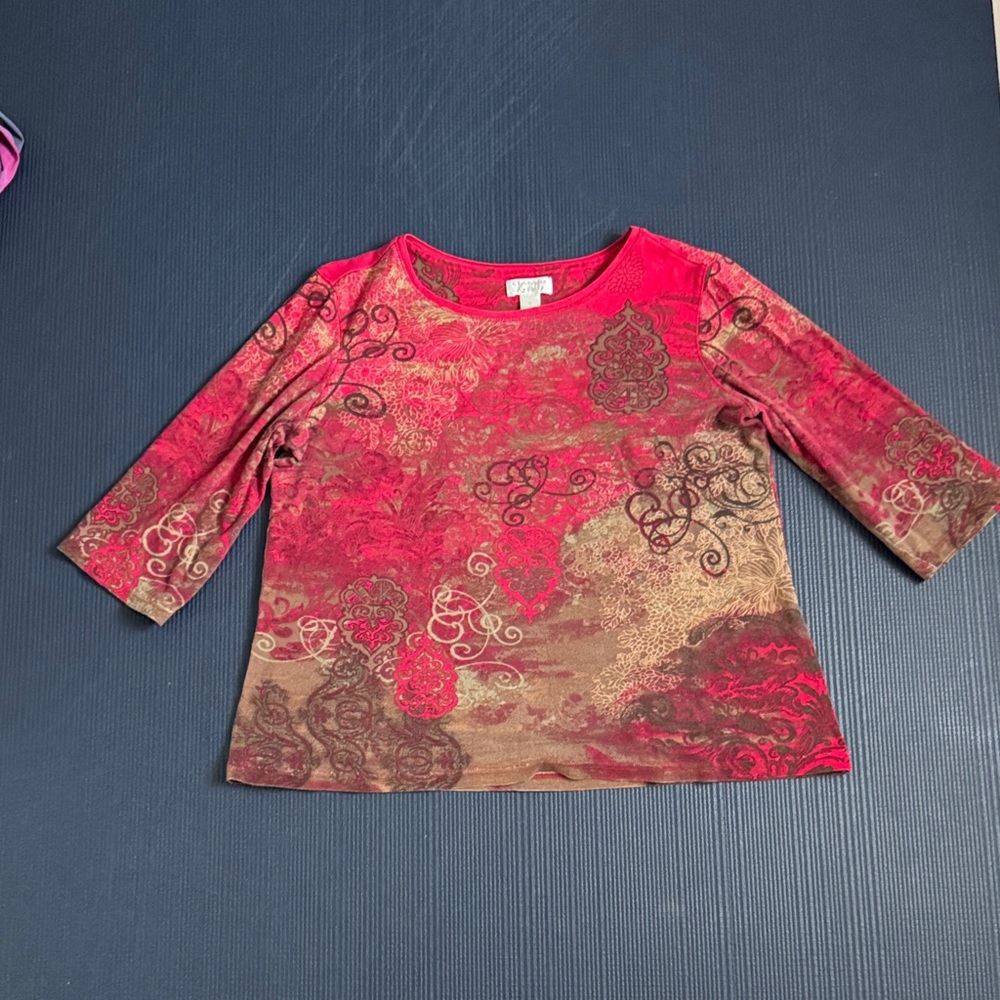 Christopher & Banks Red and Tan Floral Medallion 3/4 Sleeve Tee, XL